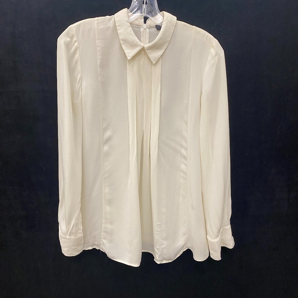 Theory-  Women's Collared Sheer Blouse with Pleats - White/Ivory - Sz Small